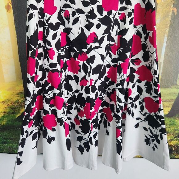Nine West White Dress w/ Pink & Black Floral Fit and Flare w/ Boning Size 6 Zip - Picture 2 of 16